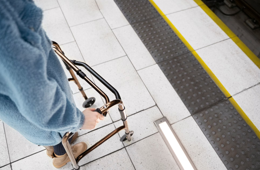 hands holding walking frame high angle