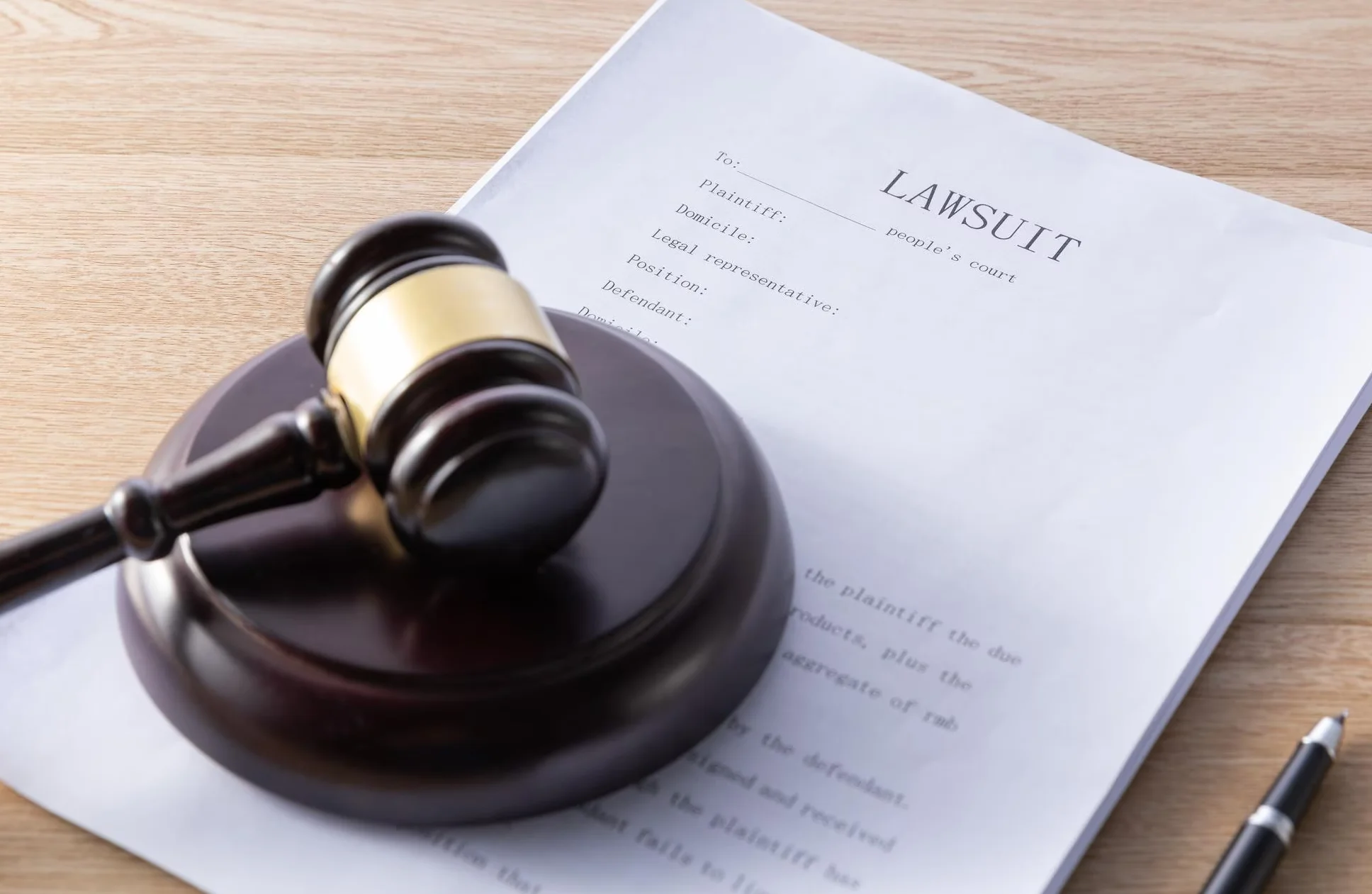 gavel and lawsuit papers on a wooden surface