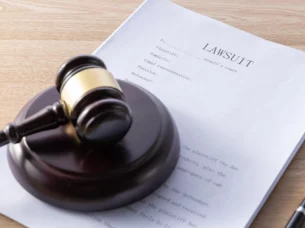 gavel and lawsuit papers on a wooden surface